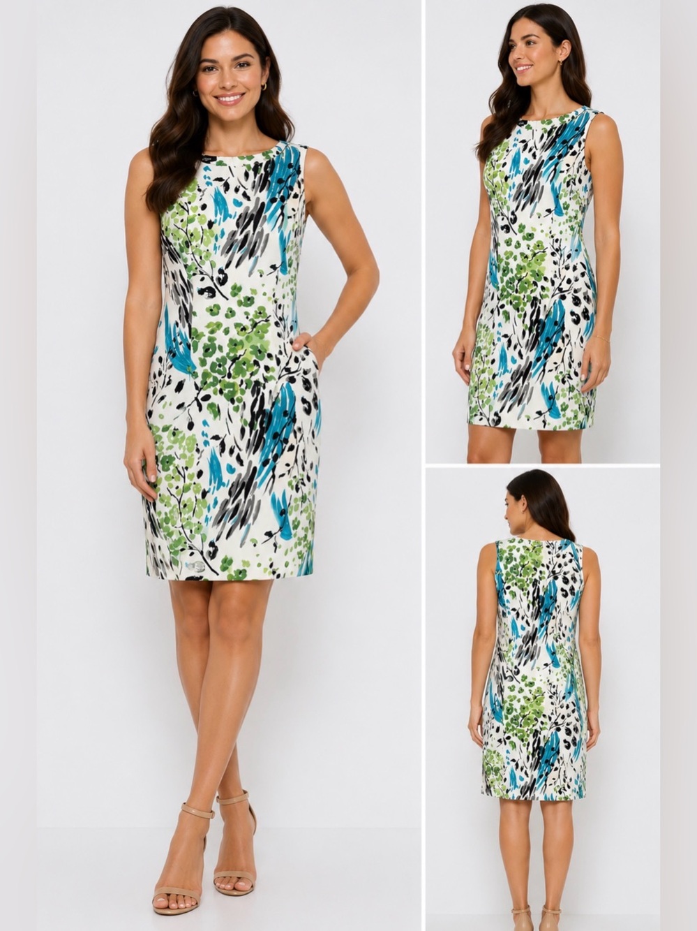 AGB Abstract Floral Sheath Dress Size 14 Sleeveless Blue White